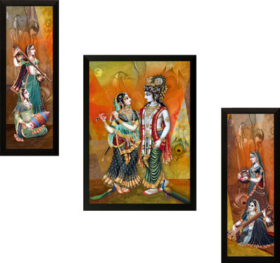 saf Set of 3 Radhe Krishna Digital Reprint 13.5 inch x 22 inch Painting(With Frame, Pack of 3)