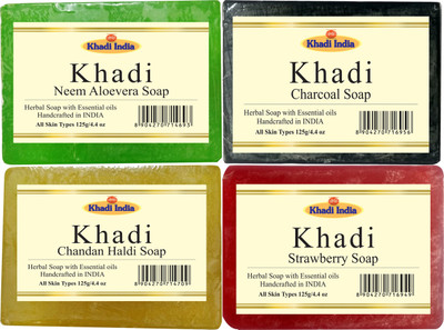 

Khadi Neem Aloevera Soap, Charcoal Soap, Chandan Haldi Soap, Strawberry Soap Each(125 g, Pack of 4)