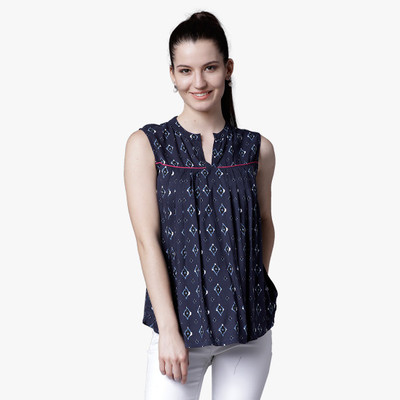 Tokyo Talkies Casual No Sleeve Printed Women Dark Blue, Blue Top