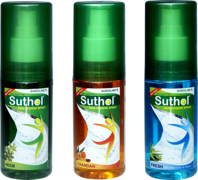 

Boroline's Suthol Suthol Neem Spray 100MLX1 with Chandan Spray 100MLX1 with Fresh Spray 100MLX1 Antiseptic Spray(300 ml, Pack of 3)