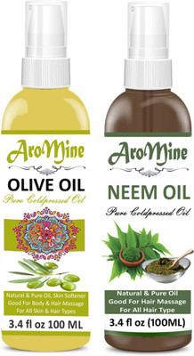 

AroMine 100% Pure & Natural Pure Olive Oil And Neem Oil For Hair Growth Oil-(100ml)-Pack of-2-Bottle-(200ml)(200 ml)