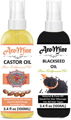 

AroMine 100% Organic Castor Oil Pure & Natural And Black Seed Oil Kalonji Oil For Hair Fall & Hair Growth, Hair Treatment Oil for Healthy Hairs and Skin Hair Oil -(100ml) -Pack of-2-Bottle-(200ml) Hair Oil(200 ml)