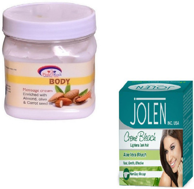 

Pink Root BODY MASSAGE CREAM 500GM WITH JOLEN ALOEVERA CREME BLEACH 28GM(Set of 2)