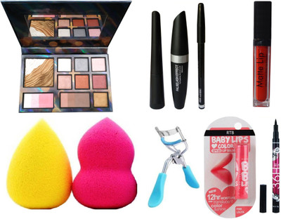 

RTB COMBO OF EYESHADOW MASCARA EYELINER EYEBROW PENCIL MATTE ME CURLER LIP BALM(Set of 9)