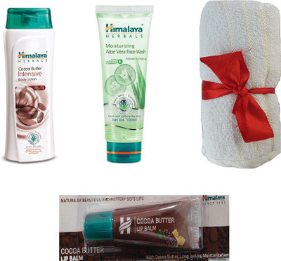 

Himalaya Cocoa Butter Intensive Body Lotion, Moisturizing Aloe Vera Face Wash, Cocoa Butter Lip Balm, Face Towel(Set of 4)