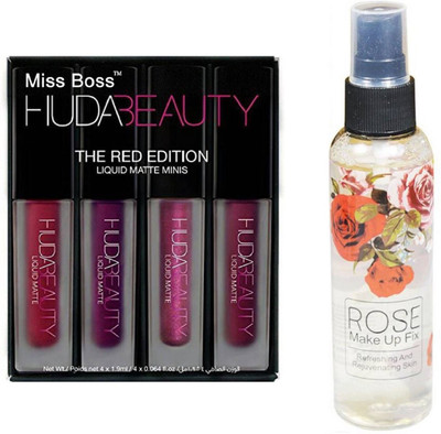 

Miss Boss lipstick red edition 16 ml, and kb Rose Long lasting moisturizing Fixer combo(Set of 2)