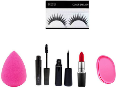

RDS Combo of Eyliner, Macara, Lipstick, Silicon puff, sponge puff and eyelashes(Set of 6)