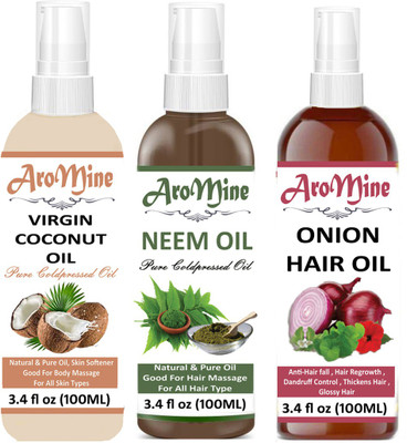 

AroMine 100% Pure & Natural Virgin Coconut Oil, Neem Oil, And ONION OiL-Hair Growth Oil-(100ml)-Pack of-3-Bottle-(300ml) Hair Oil-(300ml) Hair Oil(300 ml)