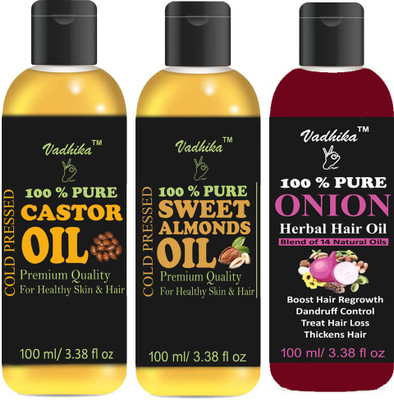 

Vadhika 100% Pure Castor Oil And Sweet Almonds Oil & ONION Oil For Hair Treatment Oil-(100ml)-Pack of-3-Bottle-(300ml) Hair Oil-(300ml) Hair Oil (300 ml) Hair Oil(300 ml)