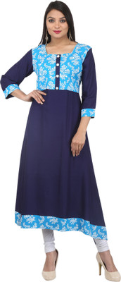 Finch Feather Women Printed A-line Kurta(Light Blue, White, Blue)
