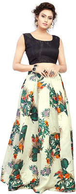 Rise On Fab Printed Semi Stitched Lehenga & Crop Top(Green, Black)
