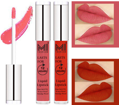 

MI FASHION 100% Veg Matte Liquid Lip Gloss Lipstick Waterproof, Long Lasting Set of 2 -(6 ml, Peach Liquid Lipstick,Orange Pulp Lip Gloss)