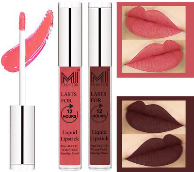 

MI FASHION 100% Veg Matte Liquid Lip Gloss Lipstick Waterproof, Long Lasting Set of 2 -(6 ml, Peach Liquid Lipstick,Dark Brown Lip Gloss)