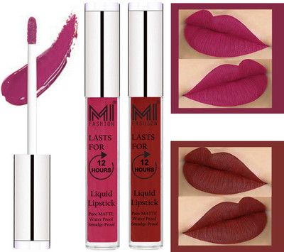 

MI FASHION 100% Veg Matte Made in India Liquid Lip Gloss Lipstick Waterproof, Long Lasting Set of 2 -(6 ml, Pink Berry Berry Liquid Lipstick,Coast Brown Lip Gloss)