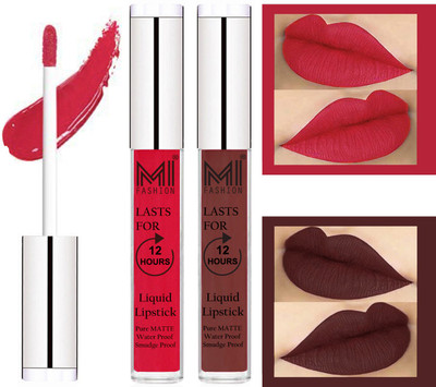 

MI FASHION 100% Veg Matte Liquid Lip Gloss Lipstick Waterproof, Long Lasting Set of 2 -(6 ml, Spring Pink Liquid Lipstick,Dark Brown Lip Gloss)