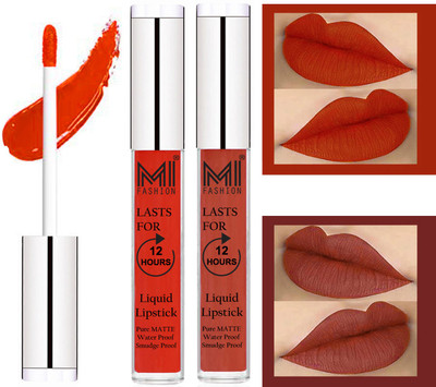 

MI FASHION 100% Veg Matte Liquid Lip Gloss Lipstick Waterproof, Long Lasting Set of 2 -(6 ml, Orange Pulp Liquid Lipstick,Brick Red Lip Gloss)