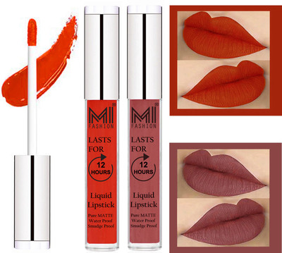 

MI FASHION 100% Veg Matte Made in India Liquid Lip Gloss Lipstick Waterproof, Long Lasting Set of 2 -(6 ml, Orange Pulp Liquid Lipstick,Brown Lip Gloss)