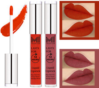 

MI FASHION 100% Veg Matte Made in India Liquid Lip Gloss Lipstick Waterproof, Long Lasting Set of 2 -(6 ml, Orange Pulp Liquid Lipstick,Nude Lip Gloss)
