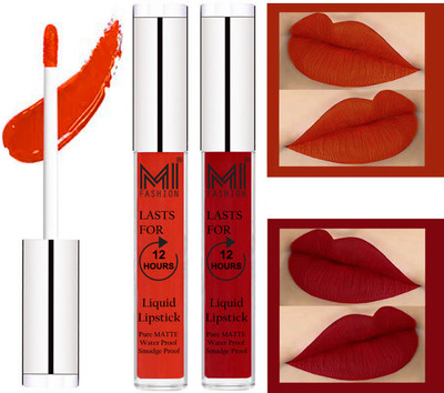 

MI FASHION 100% Veg Matte Made in India Liquid Lip Gloss Lipstick Waterproof, Long Lasting Set of 2 -(6 ml, Orange Pulp Liquid Lipstick,Eagle Red Lip Gloss)