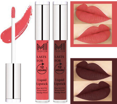 

MI FASHION 100% Veg Matte Made in India Liquid Lip Gloss Lipstick Waterproof, Long Lasting Set of 2 -(6 ml, Peach Bae Liquid Lipstick,Dark Brown Lip Gloss)