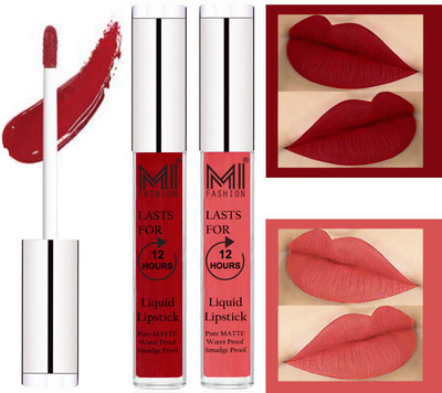 

MI FASHION 100% Veg Matte Liquid Lip Gloss Lipstick Waterproof, Long Lasting Set of 2 -(6 ml, Eagle Red Liquid Lipstick,Peach Bae Lip Gloss)