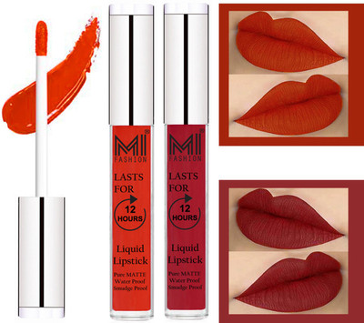 

MI FASHION 100% Veg Matte Made in India Liquid Lip Gloss Lipstick Waterproof, Long Lasting Set of 2 -(6 ml, Orange Pulp Liquid Lipstick,Together Red Lip Gloss)
