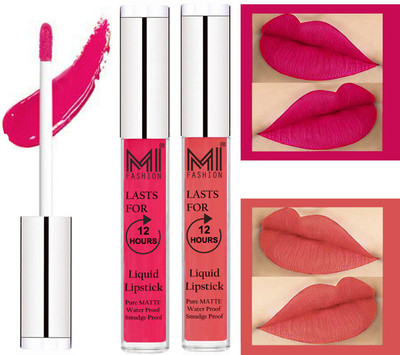 

MI FASHION 100% Veg Matte Liquid Lip Gloss Lipstick Waterproof, Long Lasting Set of 2 -(6 ml, Magenta Liquid Lipstick,Peach Bae Lip Gloss)