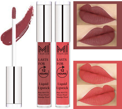 

MI FASHION 100% Veg Matte Made in India Liquid Lip Gloss Lipstick Waterproof, Long Lasting Set of 2 -(6 ml, Brown Liquid Lipstick,Peach Bae Lip Gloss)