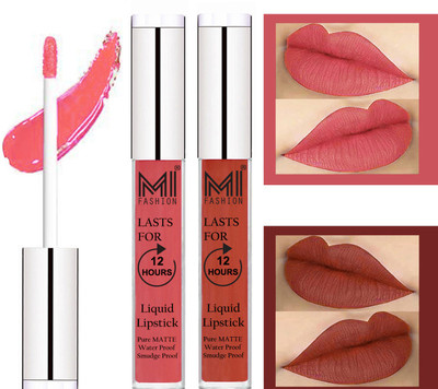 

MI FASHION 100% Veg Matte Liquid Lip Gloss Lipstick Waterproof, Long Lasting Set of 2 -(6 ml, Peach Liquid Lipstick,Brick Red Lip Gloss)