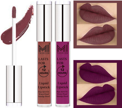 

MI FASHION 100% Veg Matte Made in India Liquid Lip Gloss Lipstick Waterproof, Long Lasting Set of 2 -(6 ml, Light Chocolate Liquid Lipstick,Deep Violet Lip Gloss)