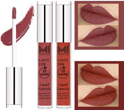 

MI FASHION 100% Veg Matte Liquid Lip Gloss Lipstick Waterproof, Long Lasting Set of 2 -(6 ml, Brown Liquid Lipstick,Brick Red Lip Gloss)