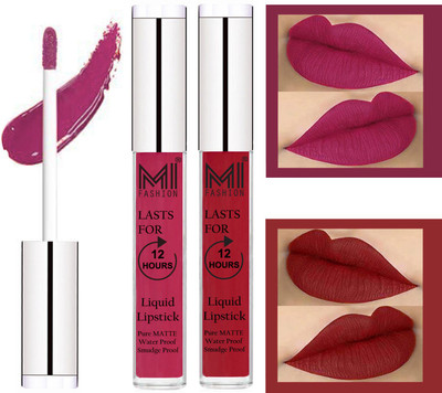 

MI FASHION 100% Veg Matte Made in India Liquid Lip Gloss Lipstick Waterproof, Long Lasting Set of 2 -(6 ml, Pink Berry Berry Liquid Lipstick,Together Red Lip Gloss)