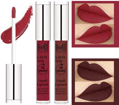 

MI FASHION 100% Veg Matte Made in India Liquid Lip Gloss Lipstick Waterproof, Long Lasting Set of 2 -(6 ml, Shimmer Cherry Liquid Lipstick,Dark Brown Lip Gloss)