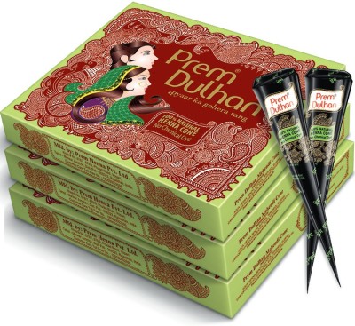 

Prem Dulhan Henna Cone 12pc in 1 box, made from 100% pure leaf of natural Henna No Chemicals, No PPD, No Side Effects (GREEN BOX- BLACK CONE - Pack of 1) Natural Mehendi(Pack of 36)