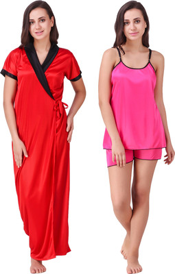 KEOTI Women Nighty with Robe(Red, Pink)