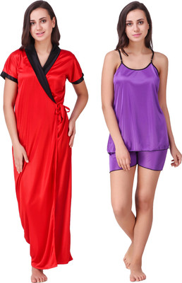 KEOTI Women Nighty with Robe(Purple, Red)
