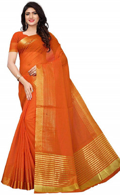 Kanooda Prints Striped Bollywood Cotton Silk Saree(Orange)