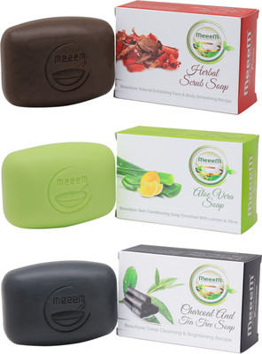 

Meeem Daily Skin Care Kit - Sun Protection & Anti Pollution (Herbal Scrub Soap, Aloe Vera Soap, Charcoal & Tea Tree Soap) - Pack of 3(375 g, Pack of 3)