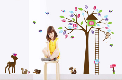 Asmi Collections 90 cm PVC Decals Tree House Monkey Owl Deer Removable Sticker(Pack of 1)