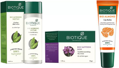 

BIOTIQUE BIO Morning Nectar Flawless Skin Lotion For All Skin Types, Bio Saffron Dew Youthful Day Cream , LIP BALM(Set of 3)