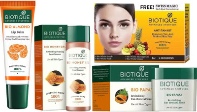 

BIOTIQUE BIO Honey GelFoaming Face Cleanser For All Skin Types, Bio Anti Tan Facial Kit, Bio Papaya Revitalizing Tan Removal Scrub , LIP CARE(Set of 4)
