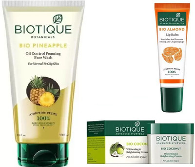 

BIOTIQUE BIO Pineapple Oil Control Face Wash, Coconut Whitening & Brightening Cream, LIP BALM(Set of 3)