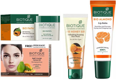 

BIOTIQUE BIO Papaya Revitalizing Tan Removal Scrub, Bio Honey Gel Refreshing Foaming Face Wash, Bio Party Glow Facial Kit , LIP BALM(Set of 4)