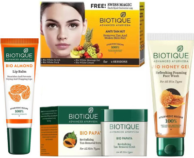 

BIOTIQUE BIO Anti Tan Facial Kit, Bio Papaya Revitalizing Tan Removal Scrub, Bio Honey Gel Refreshing Foaming Face Wash,LIP CARE(Set of 4)