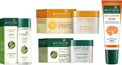 

BIOTIQUE BIO Morning Skin Lotion For All Skin Types, Aloe Vera 30+ Spf Sunscreen Cream, Bio Wheat Germ Night Cream, LIP CARE(Set of 4)
