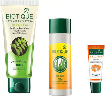 

BIOTIQUE BIO Vera 75+ Spf Sunscreen Ultra Soothing Body Lotion, Bio Neem Purifying Face Wash For All Skin Types , LIP CARE(Set of 3)