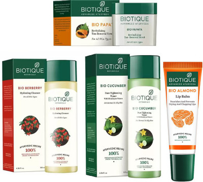 

BIOTIQUE BIO Papaya Revitalizing Tan Removal Scrub, Bio Berberry Hydrating Cleanser, Bio cucumber toner , LIP CARE(Set of 4)