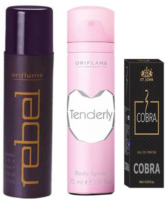

Oriflame Sweden Body Spray - 75 ml+ tenderly body spray-75ml. With cobra parfume 10ml {set of 3}(Set of 3)