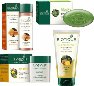 

BIOTIQUE BIO Pineapple Oil Control Foaming Face Wash, Honey Gel Refreshing Foaming Face cleanser , Fruit Whitening & Depigmentation Face Pack,BASIL SOAP(Set of 4)