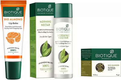 

BIOTIQUE BIO Morning Nectar 30+Spf Sunscreen Ultra Soothing Face Lotion, Bio SeaRevitalizing Eye Gel,Lip Balm(Set of 3)
